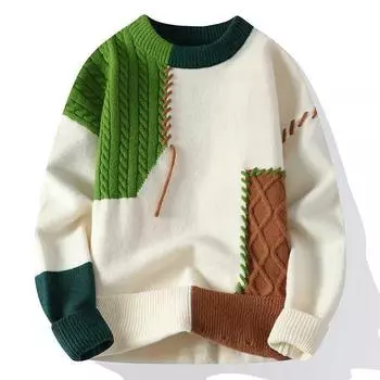 Men s Casual Knitted Round Neck Sweater - Autumn/Winter Large Size 2XL зелёный