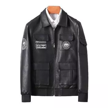 Men s Casual Leather Jacket Autumn and Winter New Outdoor Motorcycle Clothing Slim Korean Style Lapel Plus Velvet PU Leather Jacket Trendy M чёрный
