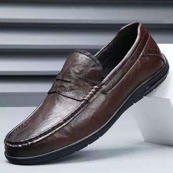 Men s casual leather shoes 2025 new casual shoes soft leather flat-soled Doudou shoes spring and summer one-pedal shoes foreign trade 39 чёрный