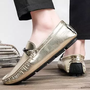 Мужская повседневная кожаная обувь, дышащая обувь для вождения, нескользящая обувь на плоской подошве, мужская модельная обувь ручной работы, мокасины, мягкие лоферы 39 золотой