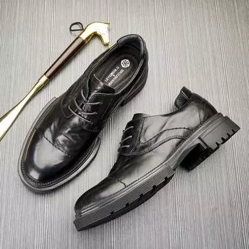 Мужские повседневные кожаные туфли, деловые универсальные туфли, модные кожаные туфли с круглым носком, зеленые маленькие кожаные туфли 38 чёрный