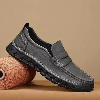Men s Casual Leather Shoes Hand-stitched Low-top Slip-on Outdoor Casual Shoes Soft-soled Non-slip Wear-resistant Leather Shoes 38 чёрный