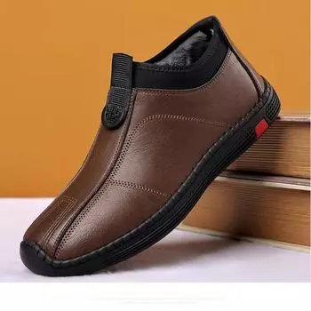 Men s Casual Leather Shoes Lightweight Non-Slip Soft Bottom Slip-On Fleece Lined Warm Driving Slip-On Shoes Breathable Summer 39