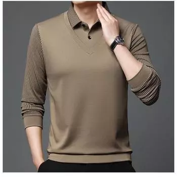 Men s Casual Long Sleeve Polo Shirt Polyester & Spandex Blend, Lapel Collar, Striped Knit Fabric with Slight Stretch, Button Detail, Spring/Fall Wear M хаки