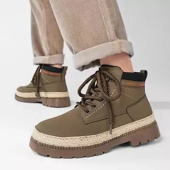 Men s casual Martin boots spring and autumn new thick-soled heightening high-top rhubarb boots round head trend straw tooling shoes 39