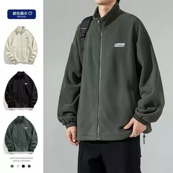 Men s Casual Polar Fleece Jacket Men s Winter Ins Hong Kong Style Trendy Loose Versatile and Handsome Stand-up Collar Jacket S