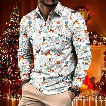 Men s Casual Printed Long Sleeved Polo Shirt with Collar S белый