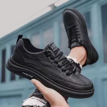 Men s Casual Shoes 2024 Fashion Leather Breathable Loafers for Men Black Pattern Solid Color Lace-Up Sneakers Male Flats Shoes 39 чёрный