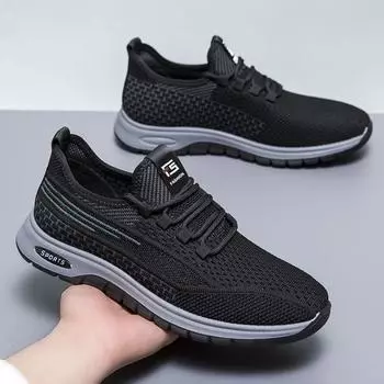 Men s casual shoes 2025 spring new men s shoes breathable versatile flying woven casual shoes non-slip and wear-resistant Korean version trend 39 чёрный