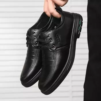 Men s casual shoes spring lace-up soft sole wear-resistant business dress leather shoes 2025 men s shoes new ultra-light cold sticky shoes 39 чёрный