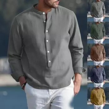 Men s Casual Stand Collar Pullover Shirt Retro Thin Cotton Linen T-shirt Top L зелёный