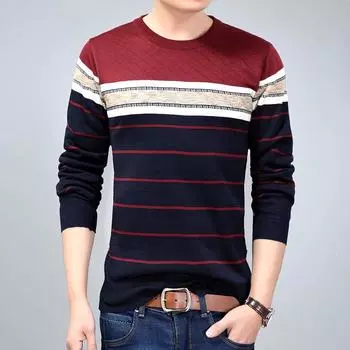 Men s Casual Striped Knit Long Sleeved Pullover Fashion Warm Autumn Spring M красный