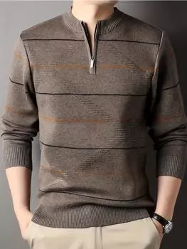 Men s Casual Striped Knit Sweater With 1/4 Zip, Long Sleeve Polyester & Acrylic Blend Top, Mature Style M