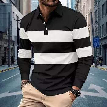 Men s Casual Striped Lapel Long Sleeved Polo Shirt Top S армия зеленый