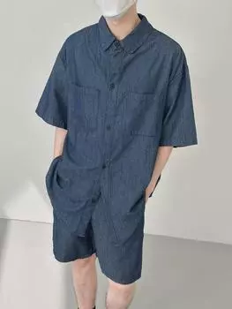 Men s Casual Summer Denim Two-Piece Set: Light Washed Short-Sleeve Shirt & Shorts XXL светло-синий