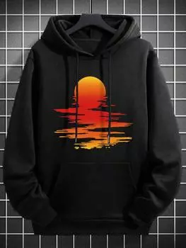 Men s Casual Sunset Print Drawstring Hooded Loose Sweatshirt, Autumn/Winter S