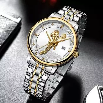 Мужские повседневные часы Водонепроницаемые деловые часы Полностью золотой циферблат с изображением лошади Мужские часы Fangsheng Watches