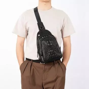 Men s Chest Top Layer Cowhide Crocodile Business Men s Bag Large Capacity Fashion Casual Satchel Bag чёрный