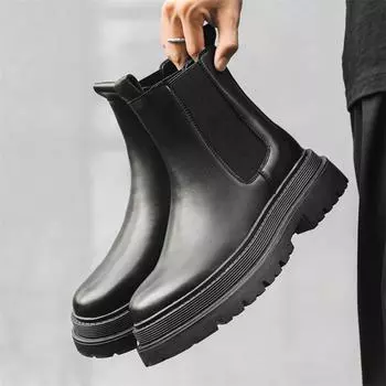 Men s Classic Retro Leather Chelsea Boots Men Fashion Slip on Ankle Boot Mens Casual British Style Flats Hot Sale High-Top Shoes 38 чёрный