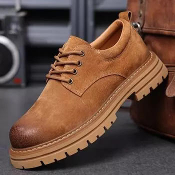 Men s Classic Retro Work Shoes Thick Sole Suede Genuine Leather Mens British Style Lace-up Casual Shoes Men 38 (US 6) хаки