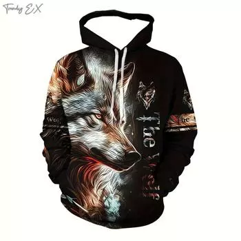 Men s Clothing 2024 Wolf Pattern Print Fashion Pullover Hoodies Harajuku Kangaroo Pocket Long Sleeve Hooded Sweatshirt Clothing S