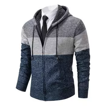 Men s Color Blocked Sweater With Thick Velvet Casual Knit Sweater, Fashionable Hooded Jacket For Men XL синий