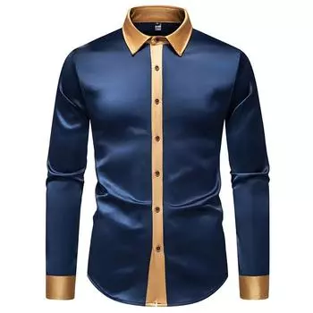Men s Color Matching Long-sleeved Shirt Banquet Performance Shirt S