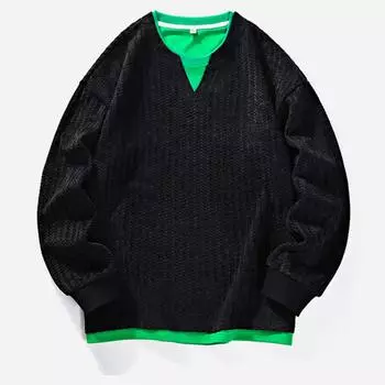 Men s Colorblock Round Neck Pullover Fake Two-piece Long-sleeved Sweatshirt L