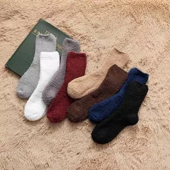 Men s Coral Fleece Mid-Tube Floor Socks - Solid Color for Autumn and Winter Sleeping One Size света кофе