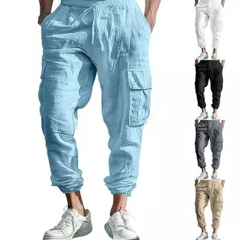 Men s Cotton And Linen Tied Multi Pocket Drawstring Solid Color Loose Large Drawstring Pants L бежевый