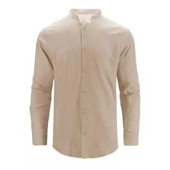 Men s Cotton Linen Henley Neck Shirt Long Sleeve Casual Lightweight Breathable Solid Color Beach Shirt Button Up Male Tops S бежевый