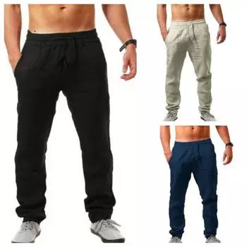 Men s Cotton Linen Pants Male Summer Breathable Solid Color Pants Casual Elastic Waist Fitness Trousers Streetwear M небесно-голубой