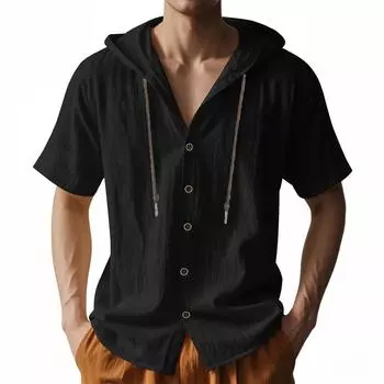 Men s Cotton Linen Shirt Hooded Stylish Top Breathable Lightweight Simple Style Claasic Shirts Single Breasted Male Fashion Tees S