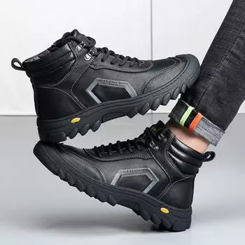 Men s cotton shoes genuine leather wool velvet thickened high-top casual cotton leather shoes non-slip warm men s shoes winter snow boots 38