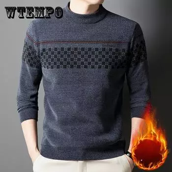 Men s Cozy Fleece-Lined Striped Sweater - Casual Round Neck Knit Pullover for Fall/Winter, Warm & Stylish M синий