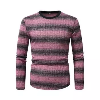 Men s Crew Neck Long Sleeve T-Shirt Pullover Slim-Fit Striped Knitted Bottom Shirt S