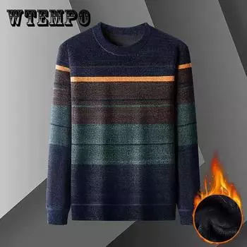 Мужской свитер с круглым вырезом, осенне-зимний, плюс бархатная толстая теплая рубашка, трикотажный полосатый свитер, мягкий повседневный свитер, термобелье 4XL