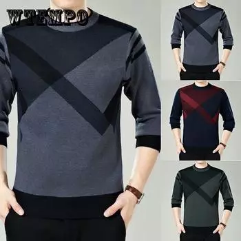 Мужской свитер с круглым вырезом, осенне-зимний, плюс бархатный толстый теплый пуловер, трикотажная полосатая нижняя рубашка, мягкое повседневное нижнее белье для людей среднего и пожилого возраста 3XL