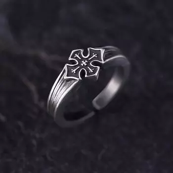 Men s Cross Badge Ring, European and American Retro Versatile Trendy Open End Ring opening adjustable