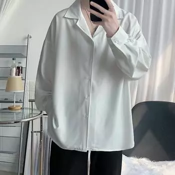 Men s Cuban Collar Shirt Long Sleeve Button Down Casual Shirt Loose Fit Solid 2XL чёрный