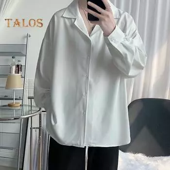 Men s Cuban Collar Shirt Long Sleeve Button Down Casual Shirt Loose Fit Solid Color Shirt for Work Parties Dates L белый