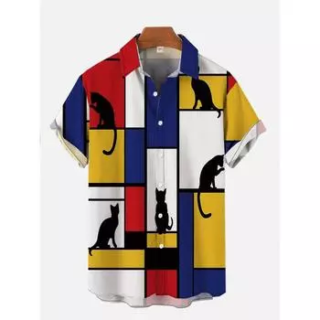 Мужская повседневная рубашка с милым принтом кота, повседневная одежда с 3D-принтом, классическая гавайская мужская рубашка с коротким рукавом, Harajuku S