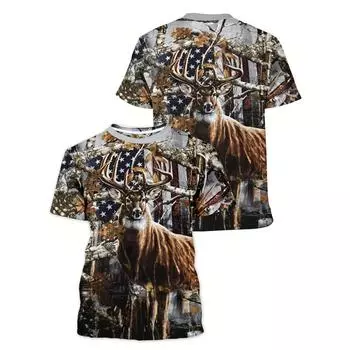 Мужская футболка с принтом оленя, повседневная футболка с коротким рукавом и круглым вырезом, мужская одежда для активного отдыха S чёрный