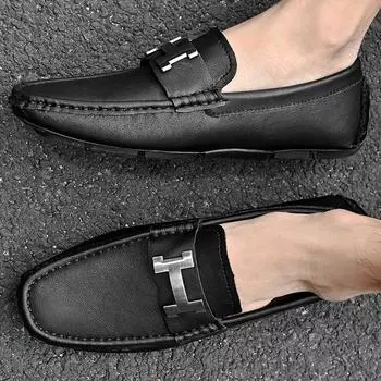 Мужская обувь Doudou, мужская обувь из натуральной кожи, повседневная кожаная обувь, мягкая подошва, рукава из коровьей кожи, ленивые туфли с пряжкой H, обувь для вождения больших размеров 38