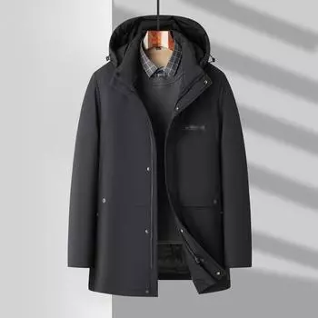 Men s Down Jacket Autumn and Winter Duck Down Warm Hooded Removable Liner Business Thickened Down Middle-aged Jacket 170 чёрный