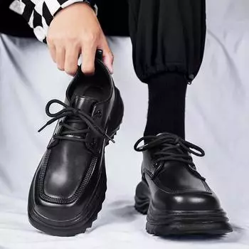 Men s Dress Shoes Beautiful Fashion Square-toe Thick Sole Trendy Versatile Men s Popular Low-top British Style Work Leather Shoe 39 чёрный