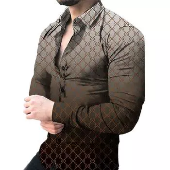 Men s Elastic Long-sleeved Shirt with Gradient Checkered Striped Print S серый