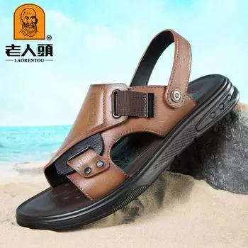 Men s elderly head outdoor sandals first layer cowhide casual non-slip beach shoes leather dual-purpose driving sandals 38 чёрный