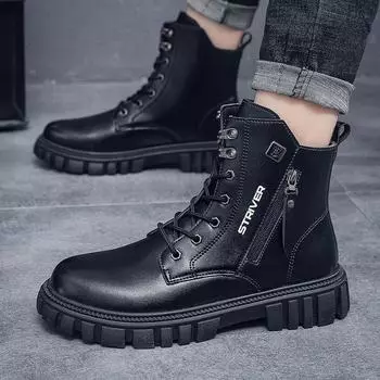 Men s English style motorcycle black men s boots autumn high top tide boots short casual leather boots H574 39 оранжевый