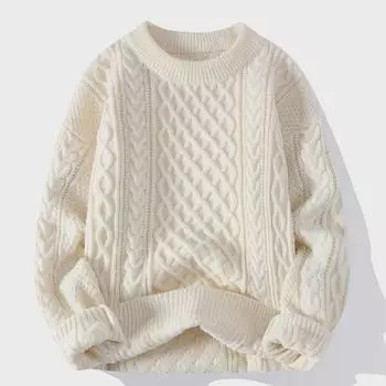 Men s European & American Style Cable Knit Sweater - Casual, Versatile, Solid Color, Round Neck Pullover